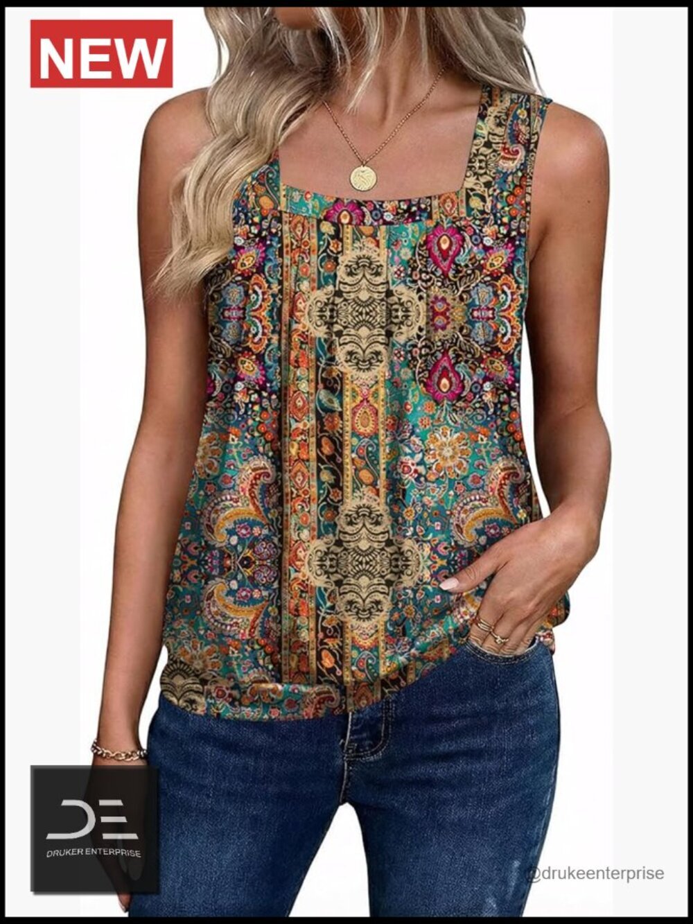 Sleeveless Square Neck Pleated Tank Top Loose Fit Summer Blouse